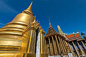 Bangkok Grand Palace,  Wat Phra Keow (temple of the Emerald Buddha). Overview of the three major buildings od the raised platform. 